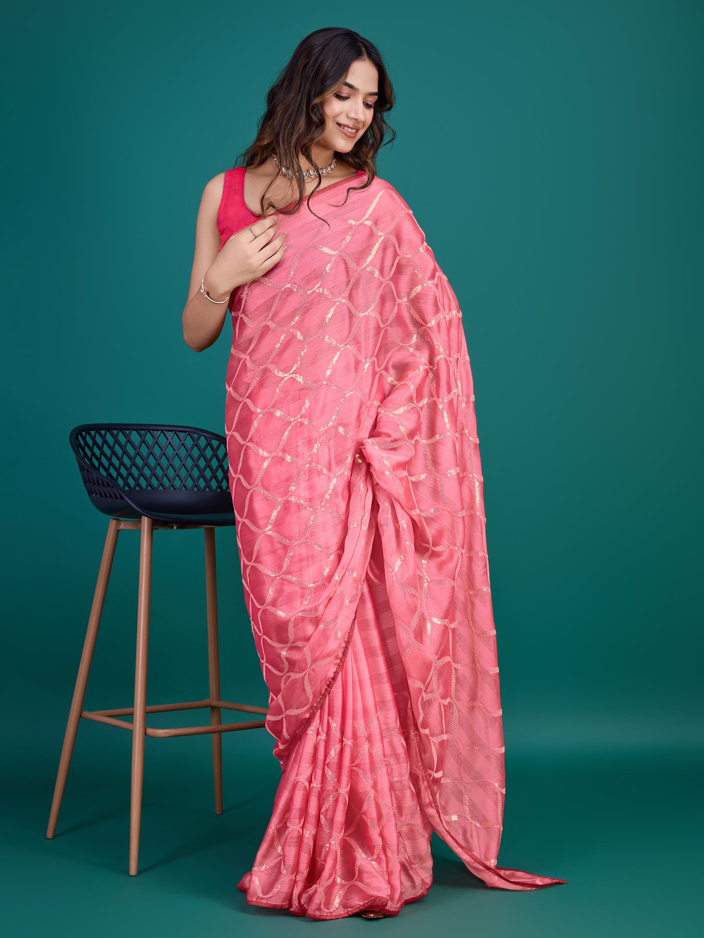 Self-Pattern Embroidered Saree in Elegant Pink