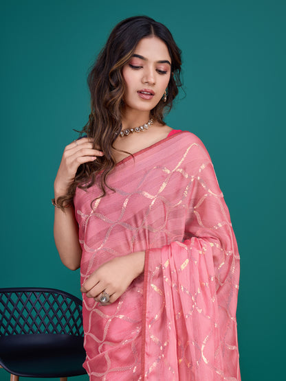 Self-Pattern Embroidered Saree in Elegant Pink