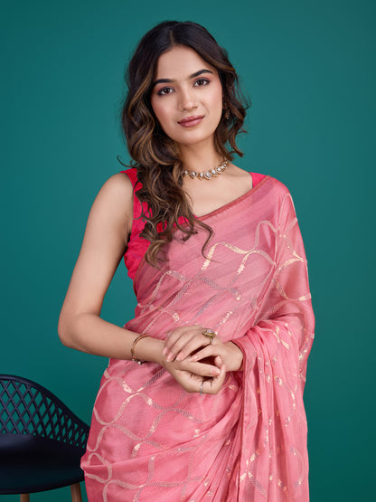 Self-Pattern Embroidered Saree in Elegant Pink