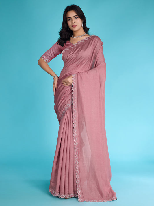 Glossy Pink Khadi Shimmer Saree with Diamond Zarkan & Pearl Handwork