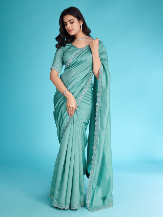 Glossy Green Khadi Shimmer Saree with Diamond Zarkan & Pearl Handwork