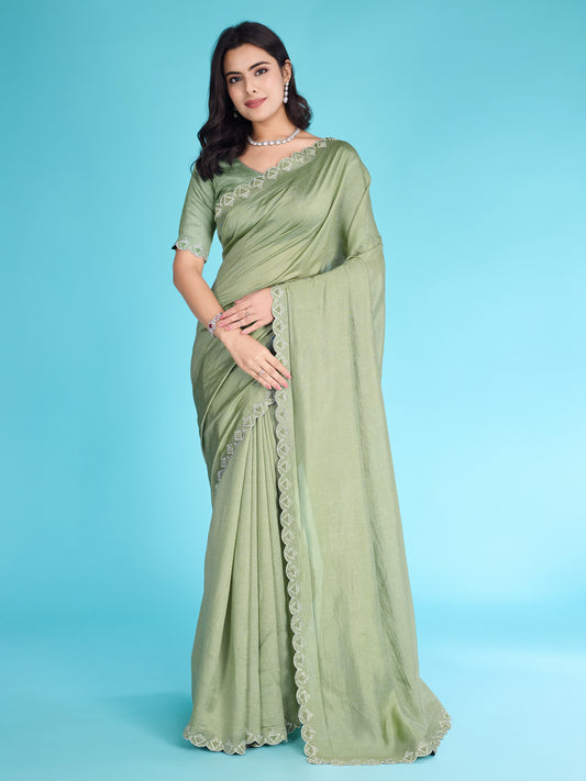 Glossy Pista Green Khadi Shimmer Saree with Diamond Zarkan & Pearl Handwork