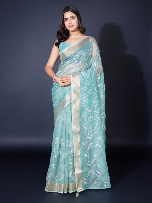 Gold-Spun Ocean Green Saree with Dual Zari Patta & Sequins Embroidery