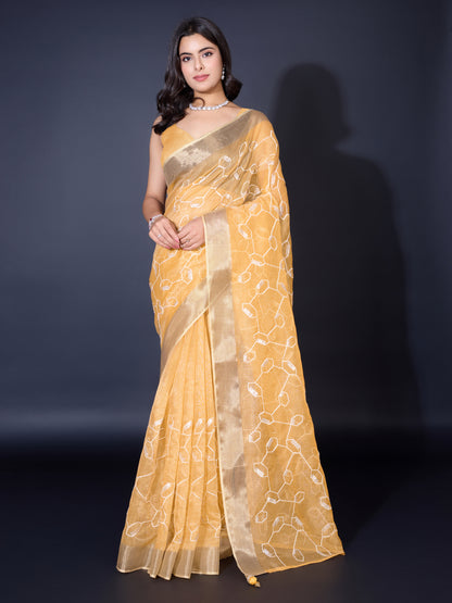 Radiant Gold-Spun Silky Orange Saree with Dual Zari Patta & Sequins Embroidery