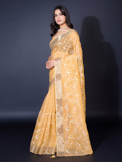 Radiant Gold-Spun Silky Orange Saree with Dual Zari Patta & Sequins Embroidery