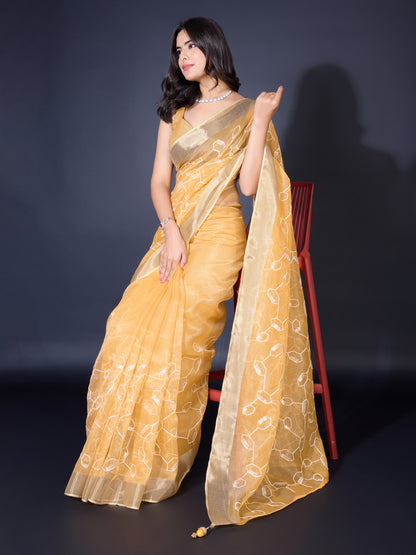 Radiant Gold-Spun Silky Orange Saree with Dual Zari Patta & Sequins Embroidery