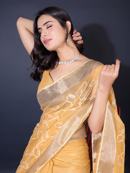 Radiant Gold-Spun Silky Orange Saree with Dual Zari Patta & Sequins Embroidery