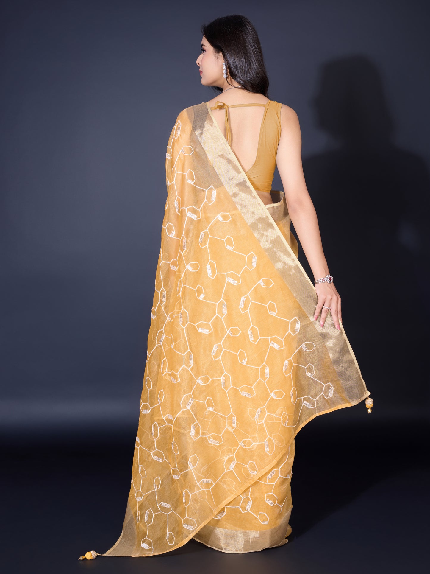 Radiant Gold-Spun Silky Orange Saree with Dual Zari Patta & Sequins Embroidery