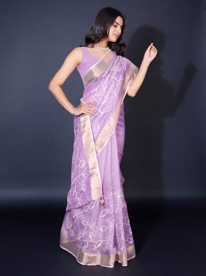 Regal Purple Gold-Spun Saree with Dual Zari Patta & Sequins Embroidery