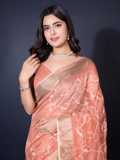 Peach Gold-Spun Saree with Dual Zari Patta & Sequins Embroidery