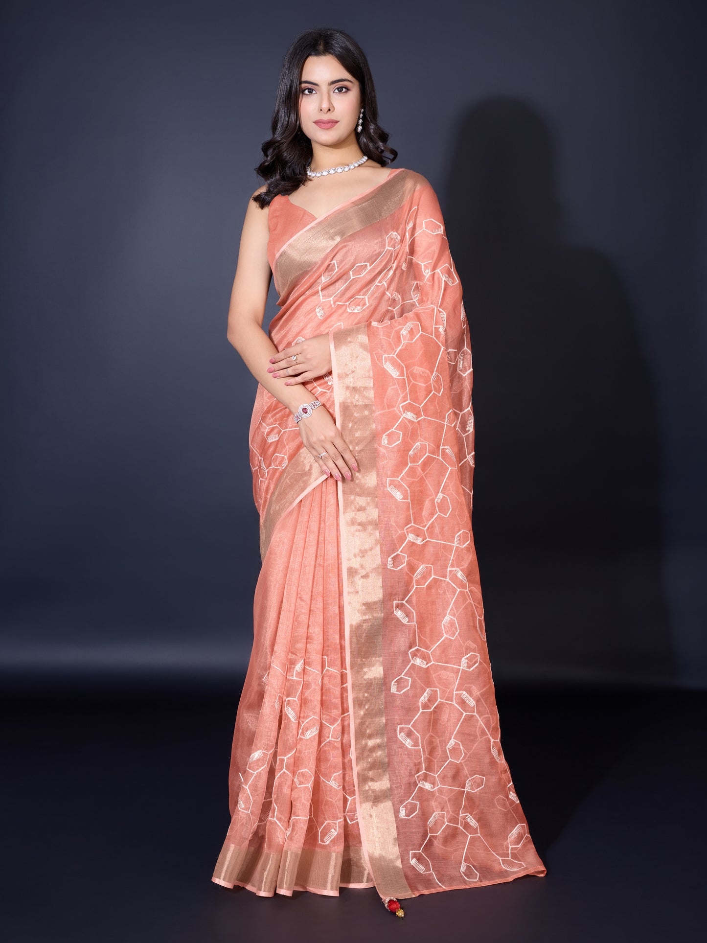 Peach Gold-Spun Saree with Dual Zari Patta & Sequins Embroidery