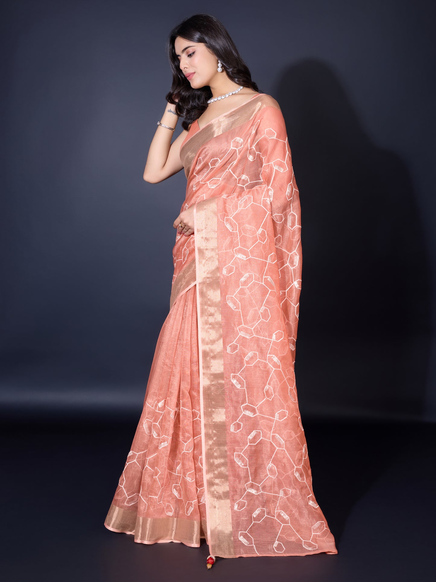 Peach Gold-Spun Saree with Dual Zari Patta & Sequins Embroidery