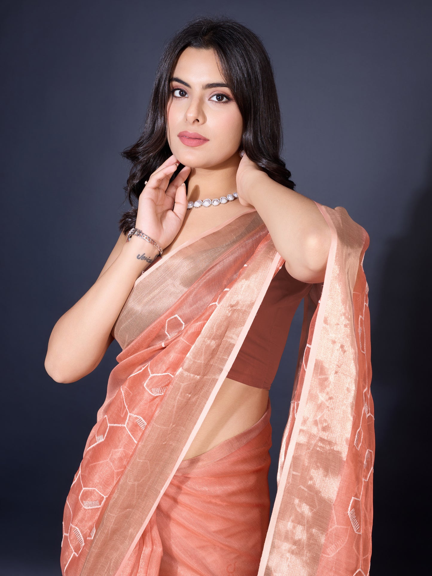 Peach Gold-Spun Saree with Dual Zari Patta & Sequins Embroidery