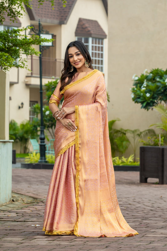 Soft Peachy Gold Mysore Brocade Silk Saree with Triple Jari Weaving & Dual Lace Work