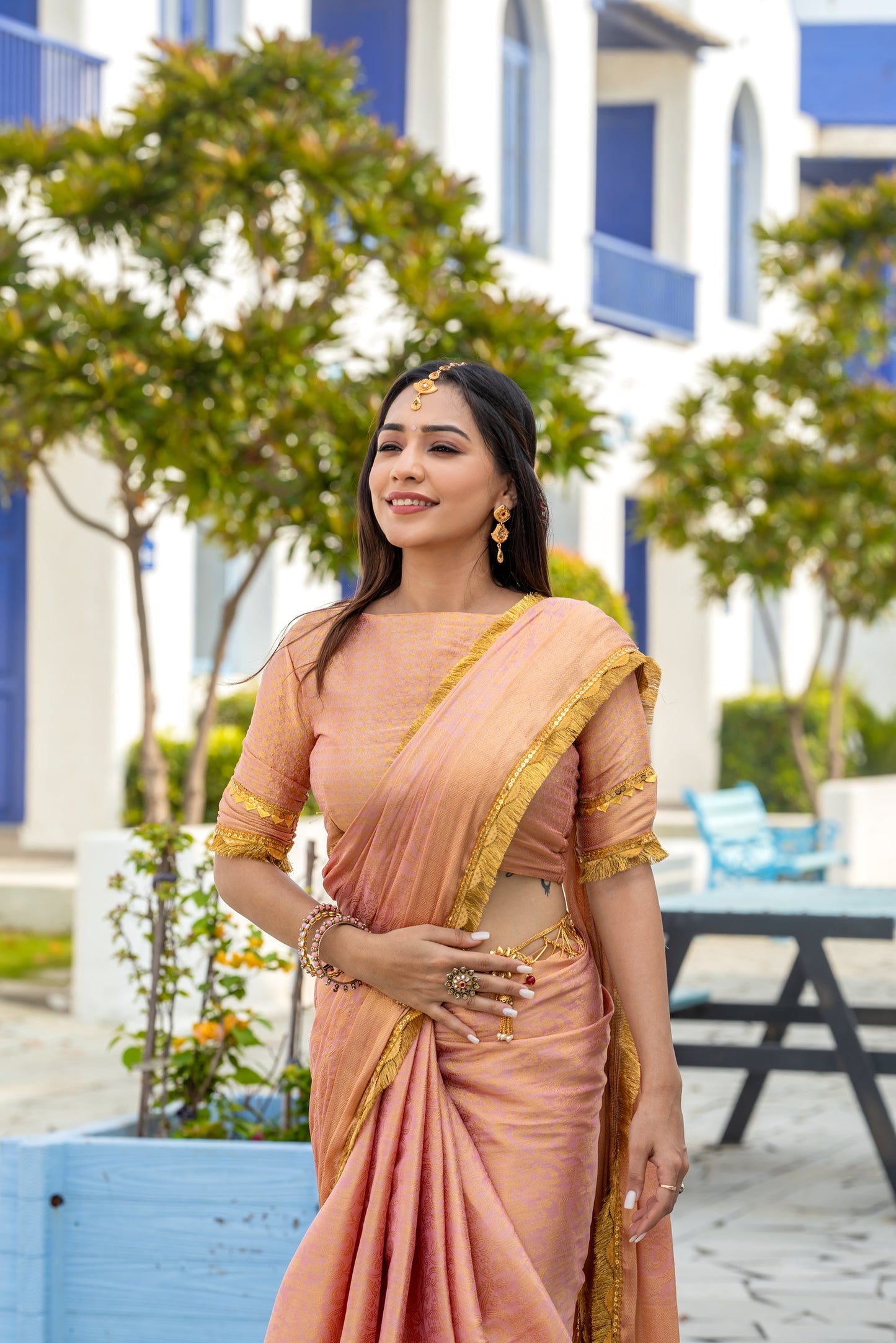 Soft Peachy Gold Mysore Brocade Silk Saree with Triple Jari Weaving & Dual Lace Work