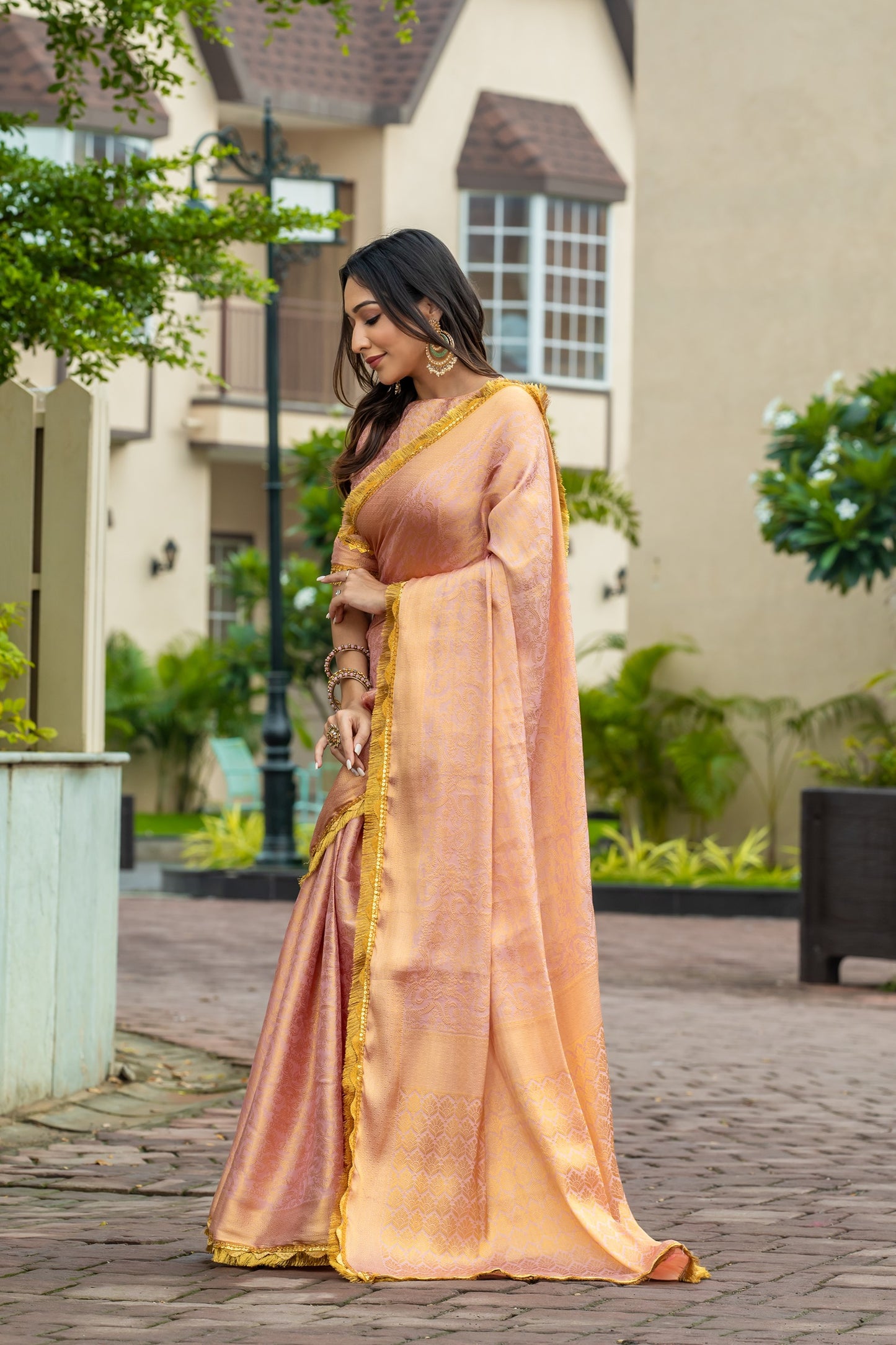 Soft Peachy Gold Mysore Brocade Silk Saree with Triple Jari Weaving & Dual Lace Work