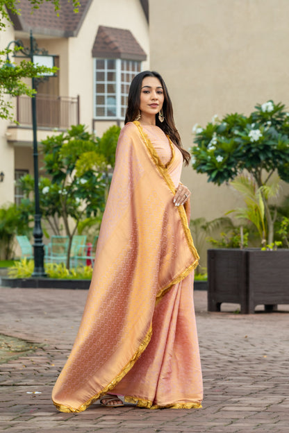 Soft Peachy Gold Mysore Brocade Silk Saree with Triple Jari Weaving & Dual Lace Work