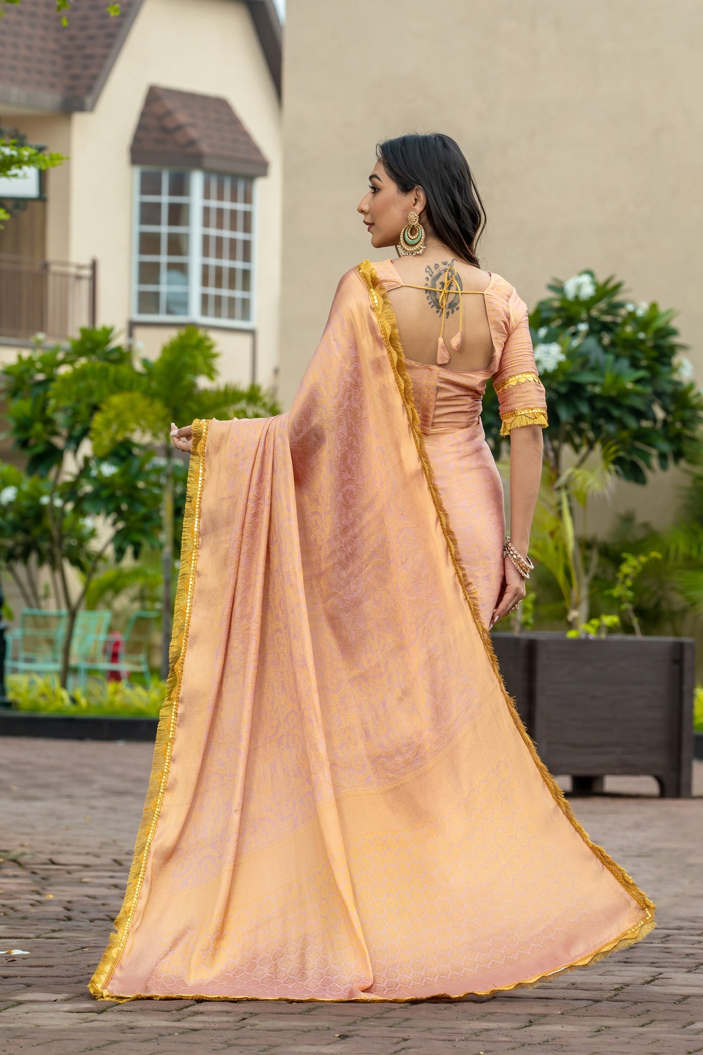 Soft Peachy Gold Mysore Brocade Silk Saree with Triple Jari Weaving & Dual Lace Work