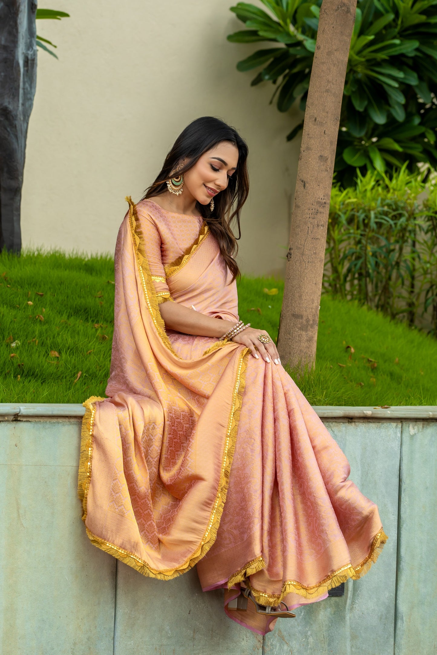 Soft Peachy Gold Mysore Brocade Silk Saree with Triple Jari Weaving & Dual Lace Work