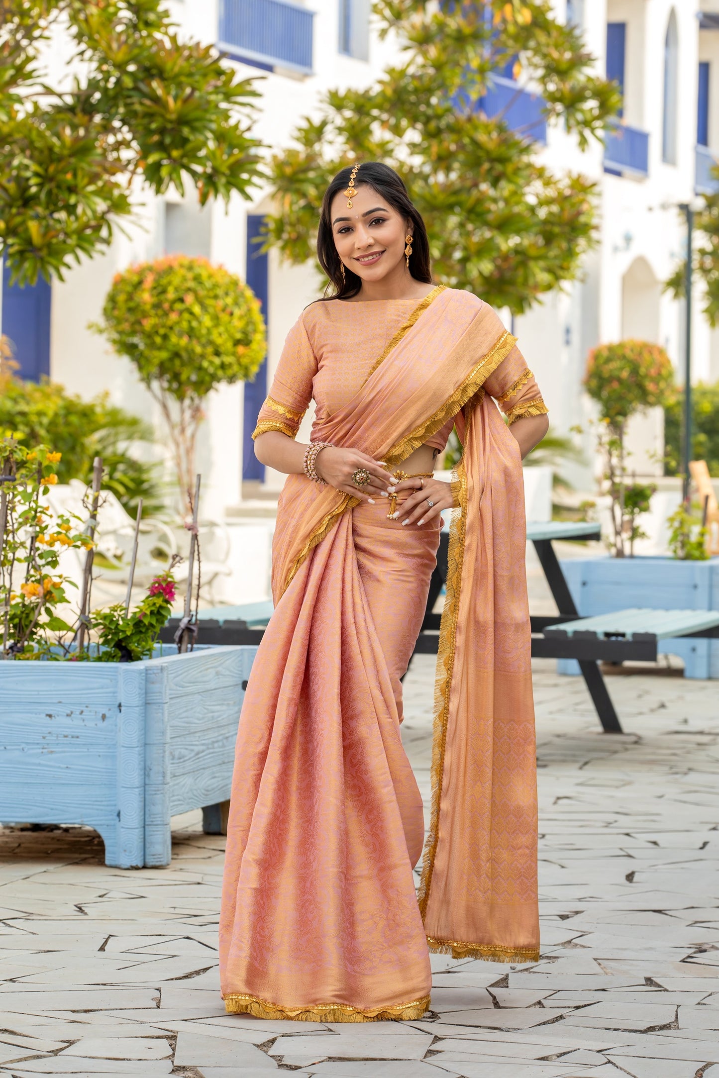 Soft Peachy Gold Mysore Brocade Silk Saree with Triple Jari Weaving & Dual Lace Work