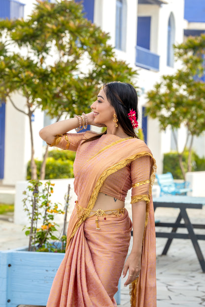 Soft Peachy Gold Mysore Brocade Silk Saree with Triple Jari Weaving & Dual Lace Work