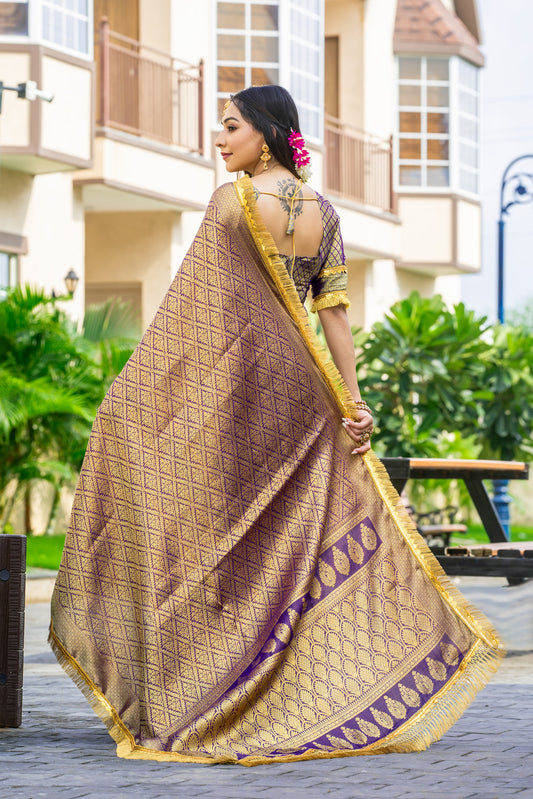 Royalika Antique Gold Mysore Brocade Silk Saree with Triple Jari Weaving & Dual Lace Work