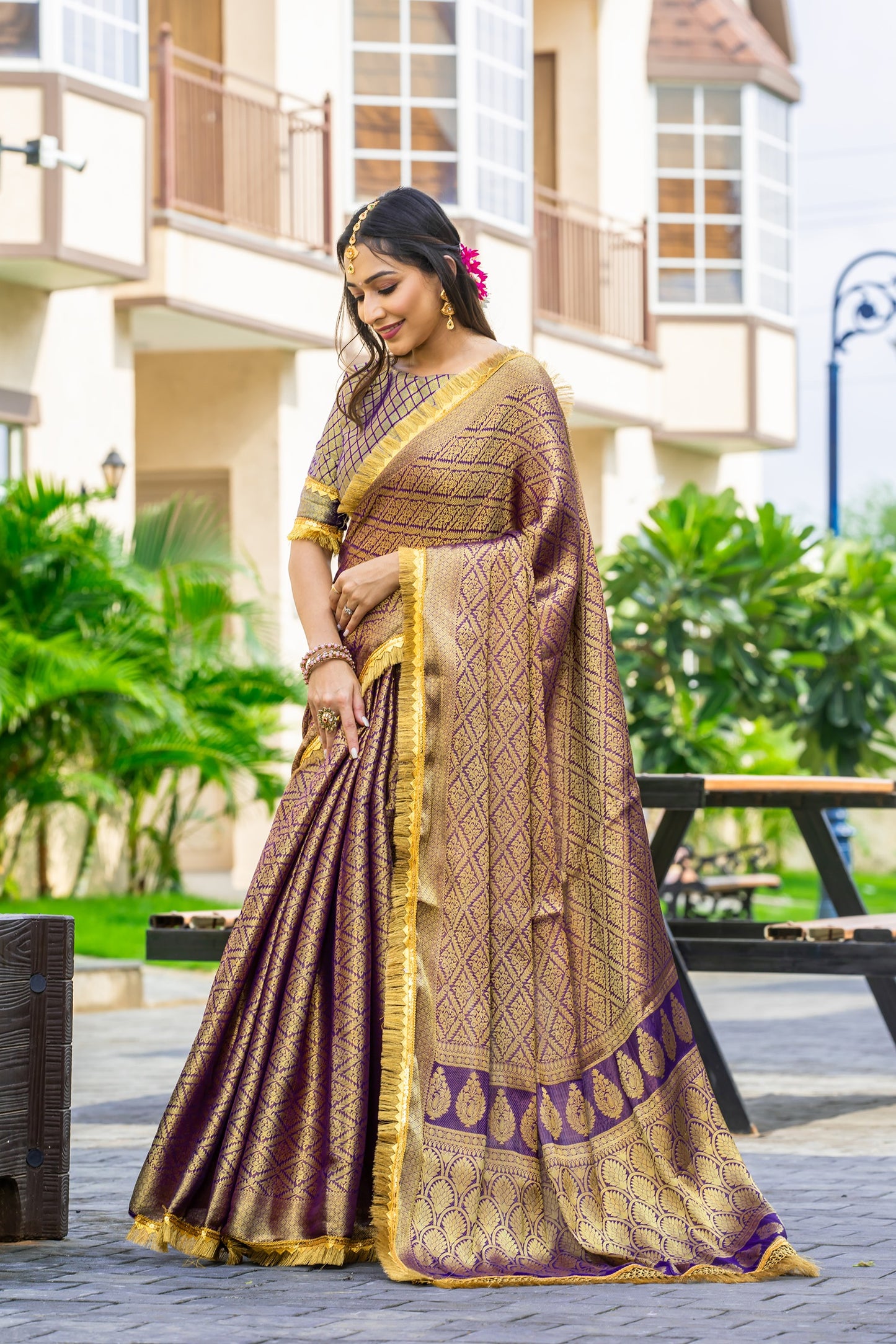 Royalika Antique Gold Mysore Brocade Silk Saree with Triple Jari Weaving & Dual Lace Work