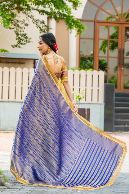 Royalika Royal Blue & Gold Mysore Brocade Silk Saree with Triple Jari Weaving & Dual Lace Work