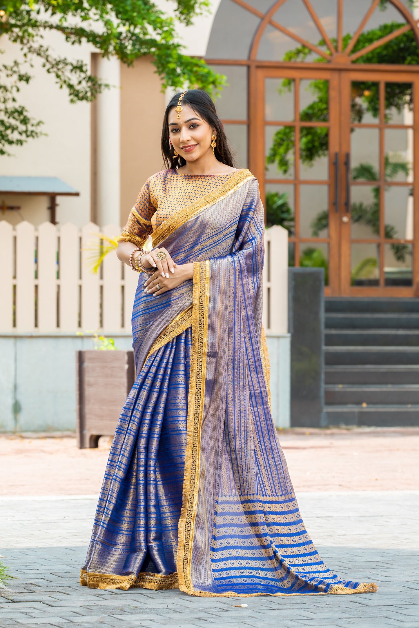 Royalika Royal Blue & Gold Mysore Brocade Silk Saree with Triple Jari Weaving & Dual Lace Work