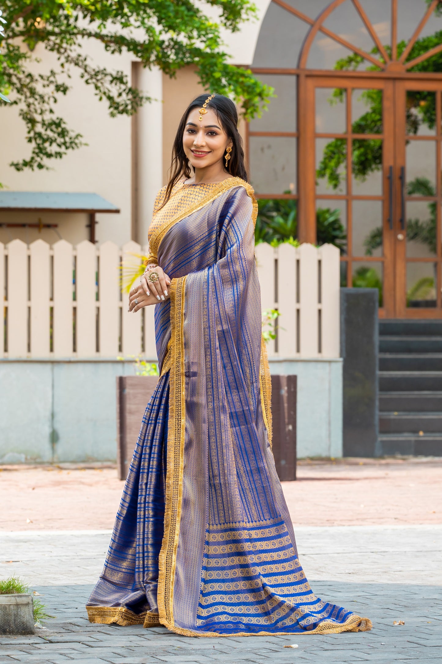 Royalika Royal Blue & Gold Mysore Brocade Silk Saree with Triple Jari Weaving & Dual Lace Work