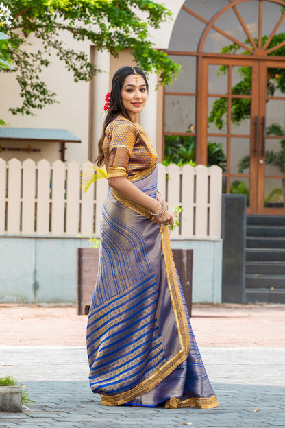 Royalika Royal Blue & Gold Mysore Brocade Silk Saree with Triple Jari Weaving & Dual Lace Work