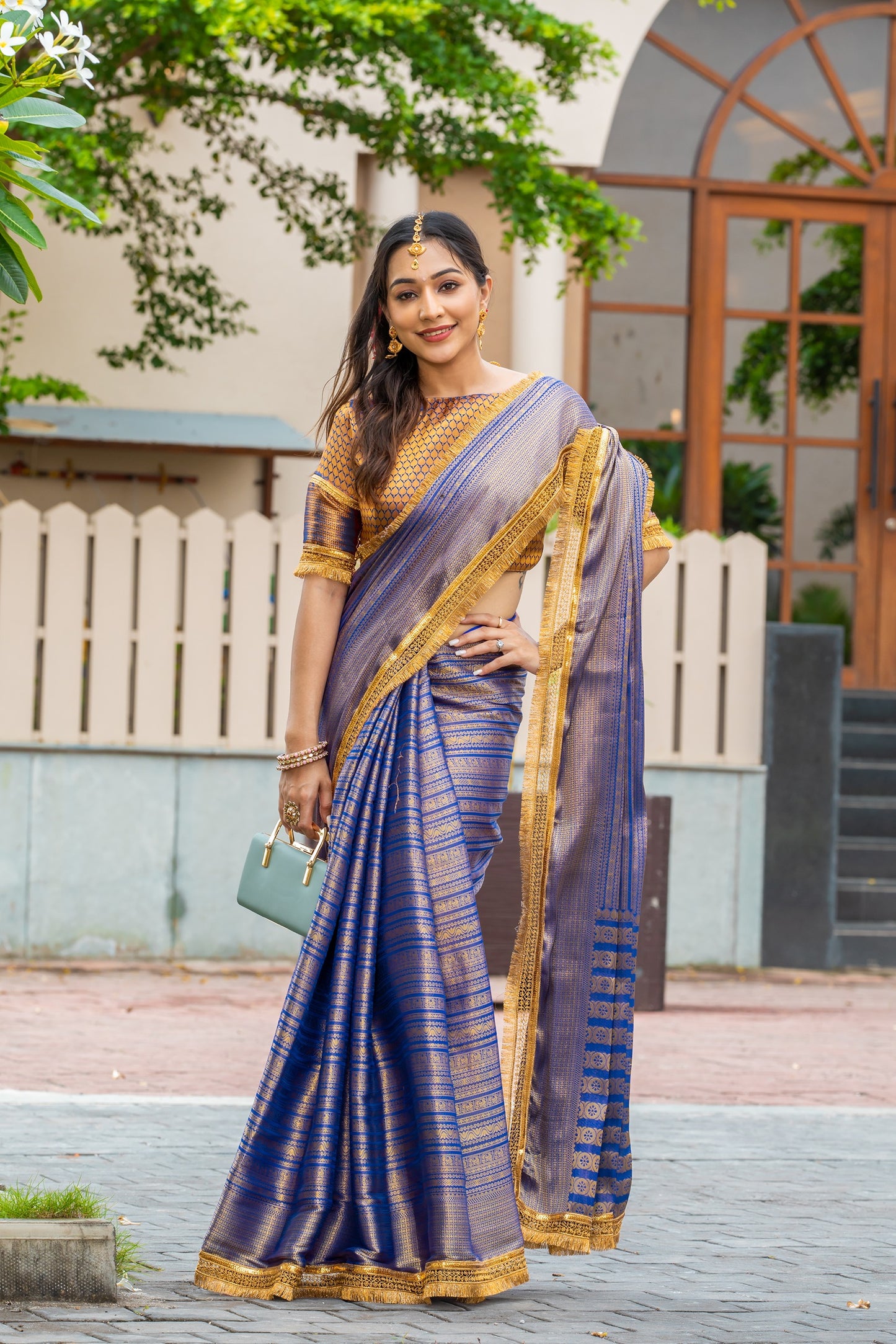 Royalika Royal Blue & Gold Mysore Brocade Silk Saree with Triple Jari Weaving & Dual Lace Work