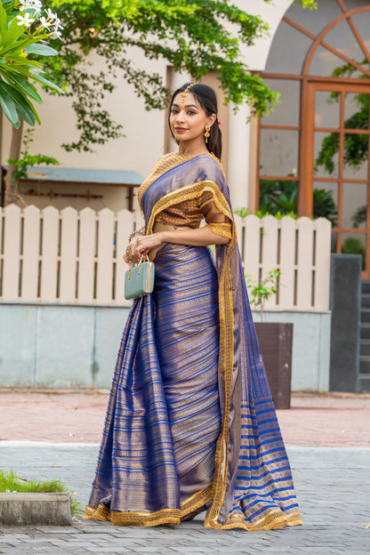 Royalika Royal Blue & Gold Mysore Brocade Silk Saree with Triple Jari Weaving & Dual Lace Work