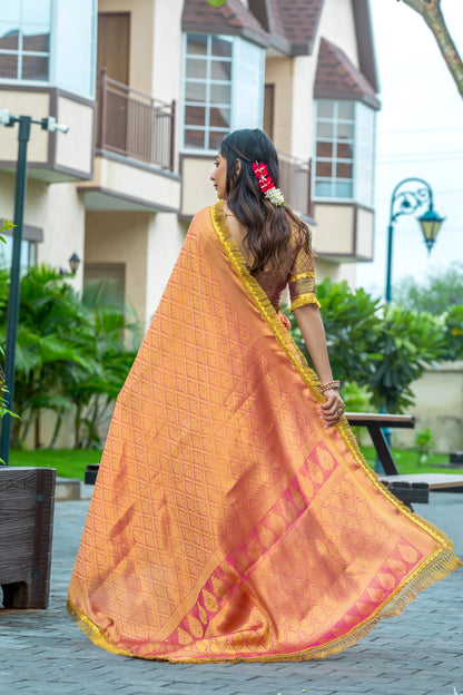 Royalika Rose Gold & Yellow Mysore Brocade Silk Saree with Triple Jari Weaving & Dual Lace Work