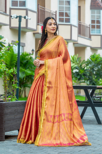 Royalika Rose Gold & Yellow Mysore Brocade Silk Saree with Triple Jari Weaving & Dual Lace Work