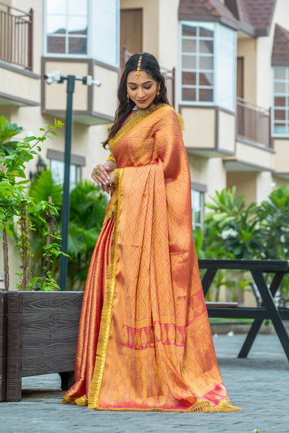 Royalika Rose Gold & Yellow Mysore Brocade Silk Saree with Triple Jari Weaving & Dual Lace Work