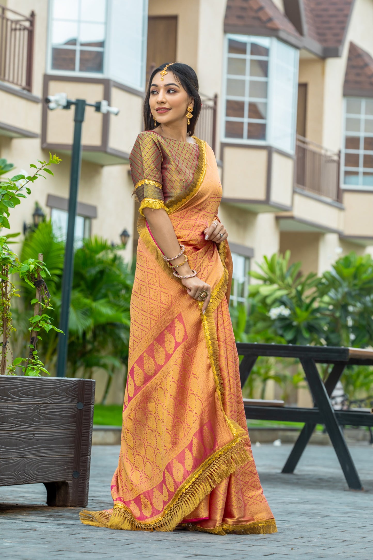 Royalika Rose Gold & Yellow Mysore Brocade Silk Saree with Triple Jari Weaving & Dual Lace Work