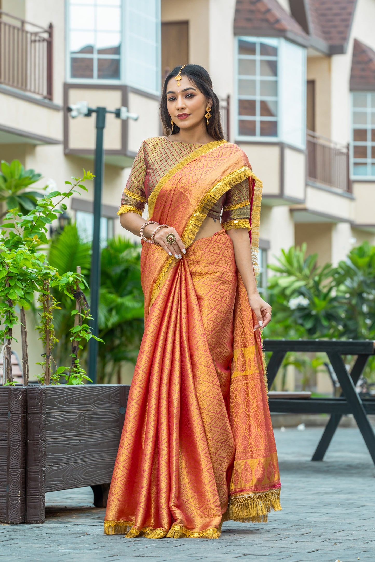 Royalika Rose Gold & Yellow Mysore Brocade Silk Saree with Triple Jari Weaving & Dual Lace Work