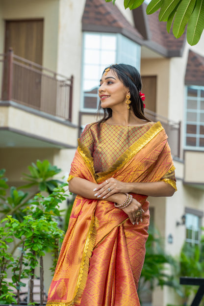 Royalika Rose Gold & Yellow Mysore Brocade Silk Saree with Triple Jari Weaving & Dual Lace Work