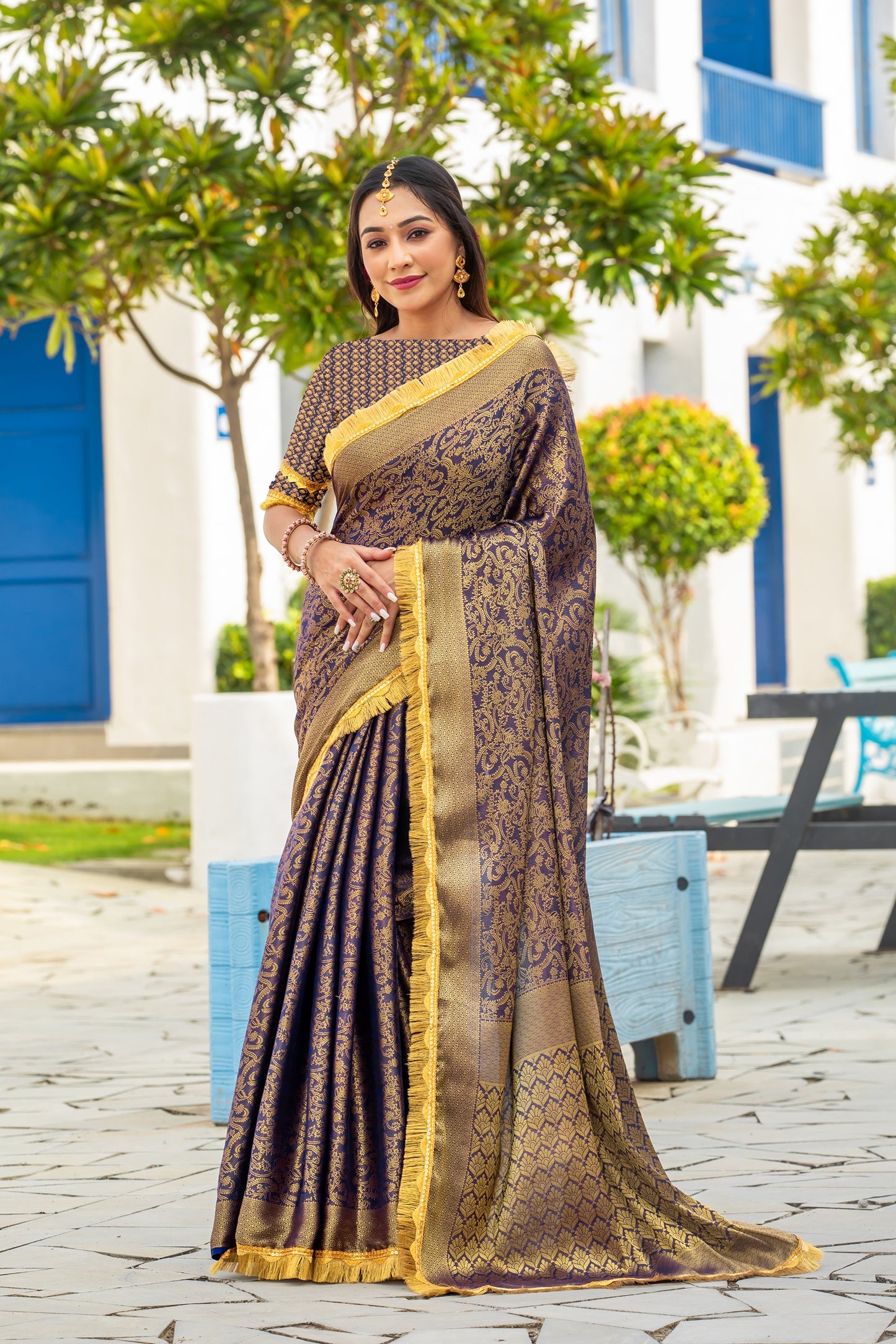 Royalika Royal Purple & Gold Mysore Brocade Silk Saree with Triple Jari Weaving & Dual Lace Work