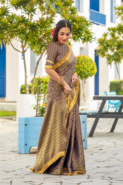 Royalika Royal Purple & Gold Mysore Brocade Silk Saree with Triple Jari Weaving & Dual Lace Work