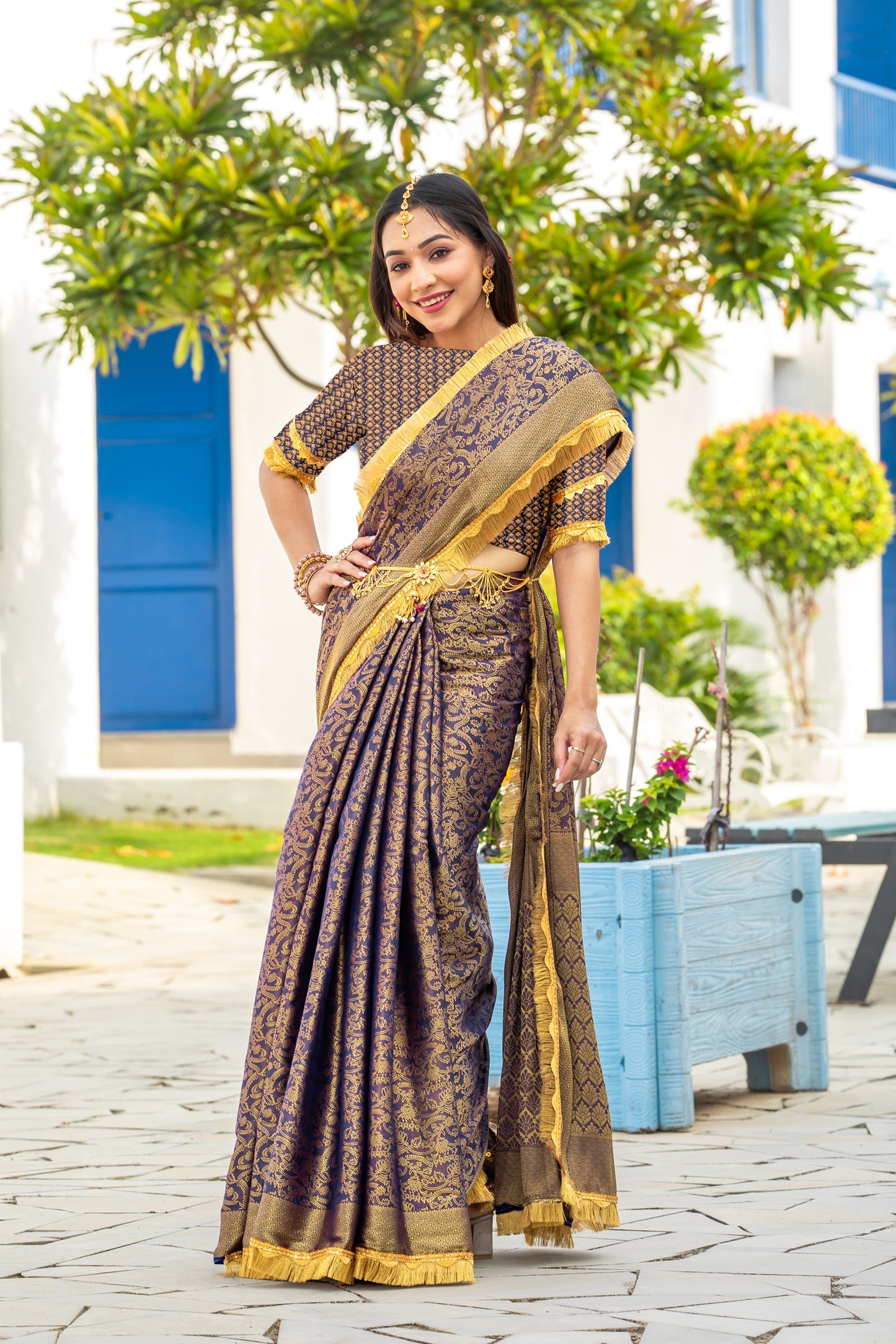 Royalika Royal Purple & Gold Mysore Brocade Silk Saree with Triple Jari Weaving & Dual Lace Work