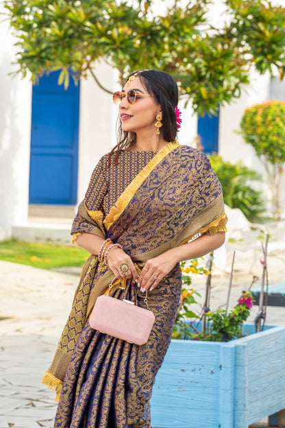 Royalika Royal Purple & Gold Mysore Brocade Silk Saree with Triple Jari Weaving & Dual Lace Work