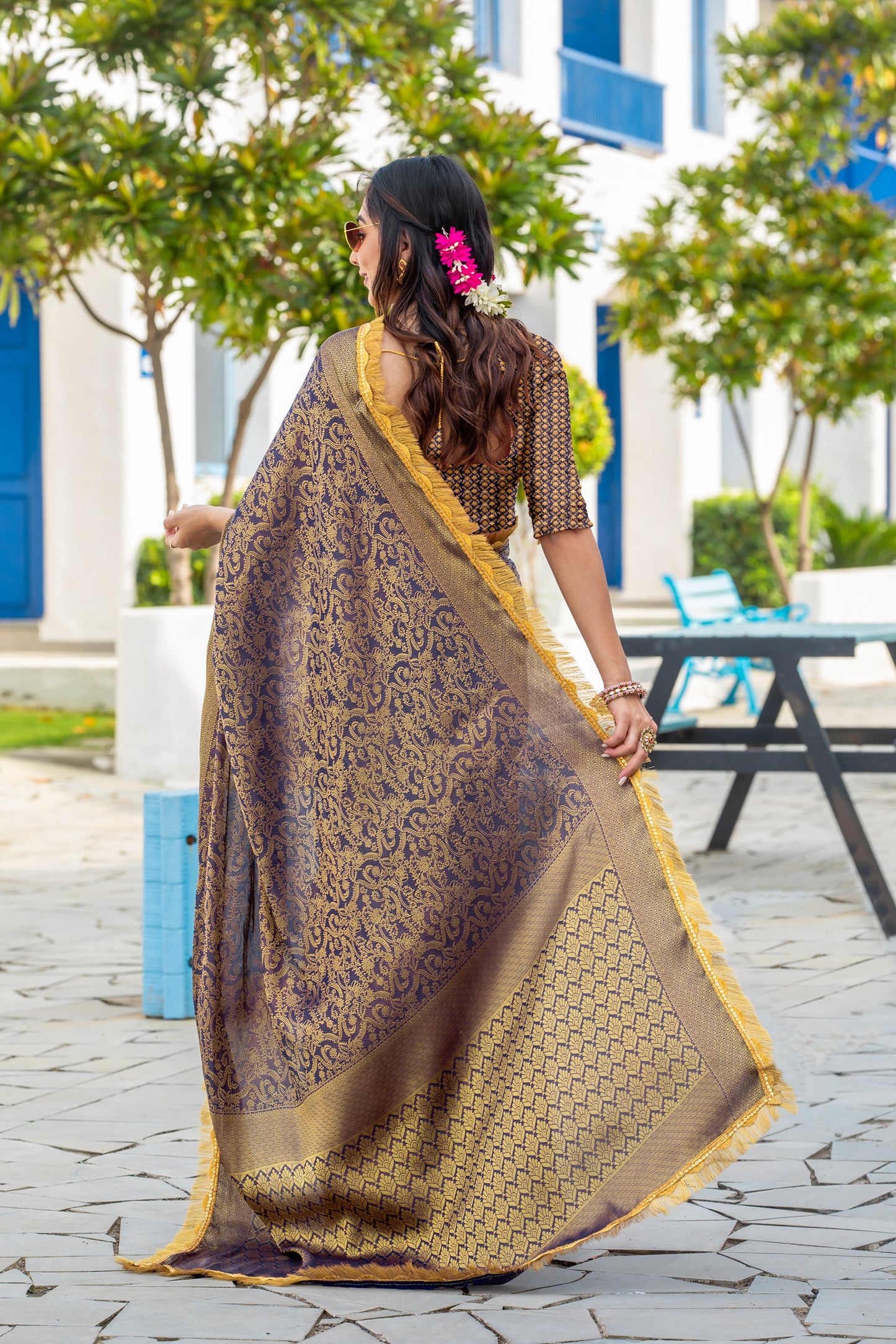 Royalika Royal Purple & Gold Mysore Brocade Silk Saree with Triple Jari Weaving & Dual Lace Work