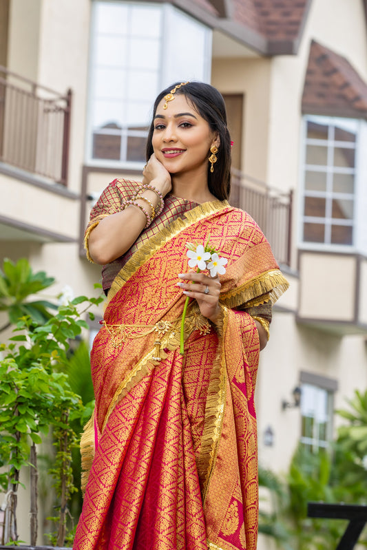 Royalika Peach Gold Mysore Brocade Silk Saree with Triple Jari Weaving & Dual Lace Work