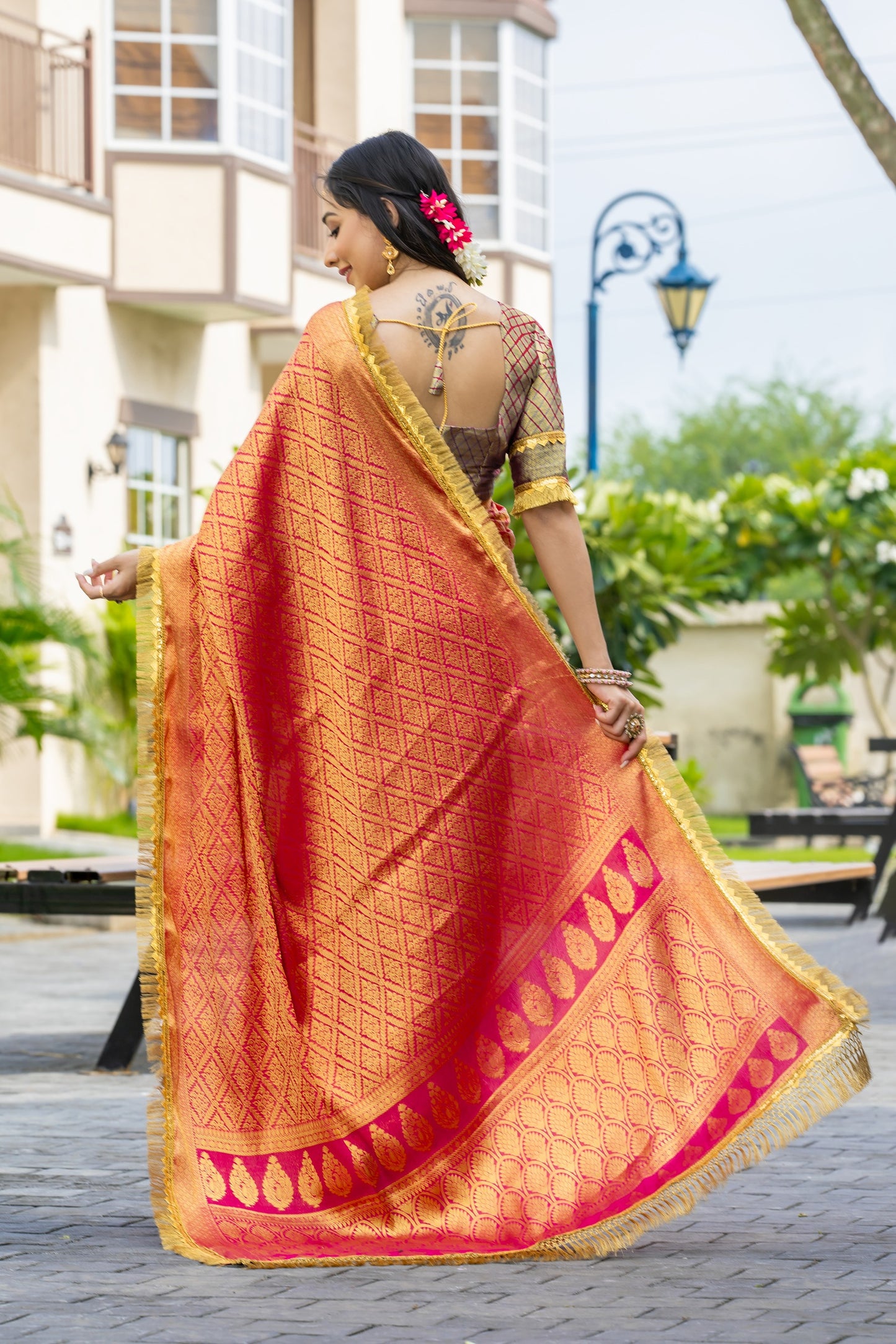 Royalika Peach Gold Mysore Brocade Silk Saree with Triple Jari Weaving & Dual Lace Work