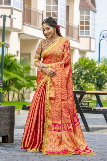 Royalika Peach Gold Mysore Brocade Silk Saree with Triple Jari Weaving & Dual Lace Work