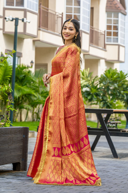 Royalika Peach Gold Mysore Brocade Silk Saree with Triple Jari Weaving & Dual Lace Work