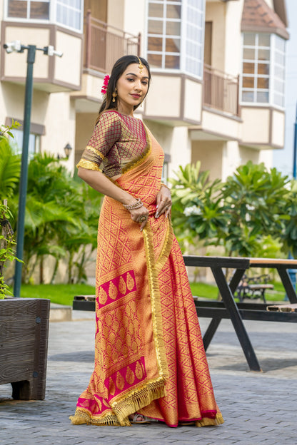 Royalika Peach Gold Mysore Brocade Silk Saree with Triple Jari Weaving & Dual Lace Work