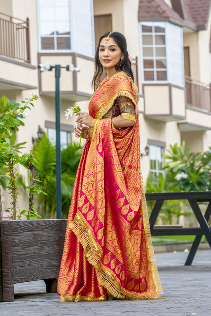 Royalika Peach Gold Mysore Brocade Silk Saree with Triple Jari Weaving & Dual Lace Work